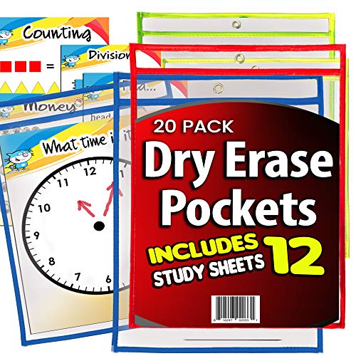 iPrimio Dry Erase Learning Sheets (20 Pack) - Includes 12 Learning Sheets - Multicolored Pockets - Wipes Clean - Fits 9" by 12" Paper in Pocket