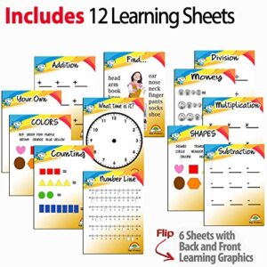 iPrimio Dry Erase Learning Sheets (20 Pack) - Includes 12 Learning Sheets - Multicolored Pockets - Wipes Clean - Fits 9" by 12" Paper in Pocket