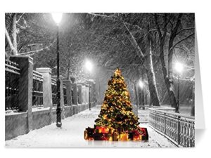 christmas cards, holiday cards - one jade lane - lighted tree in the snow, 5x7, heavy stock, set of 18 cards & envelopes, seasons greetings cards.