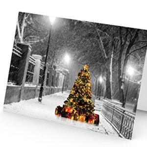 Christmas Cards, Holiday Cards - One Jade Lane - Lighted Tree in the Snow, 5x7, Heavy Stock, Set of 18 Cards & Envelopes, Seasons Greetings Cards.