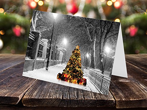 Christmas Cards, Holiday Cards - One Jade Lane - Lighted Tree in the Snow, 5x7, Heavy Stock, Set of 18 Cards & Envelopes, Seasons Greetings Cards.