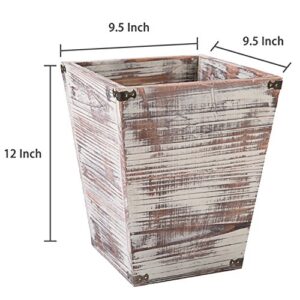 MyGift Torched Wood Small Wastebasket, Square Trash Basket with Tapered Bottom and Decorative Metal Brackets