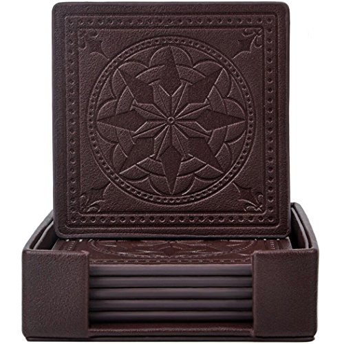 Drink Coasters,365park PU Leather Coasters Set of 6 with Holder for Drinks Glasses-Functional and Decorative,, Coffee