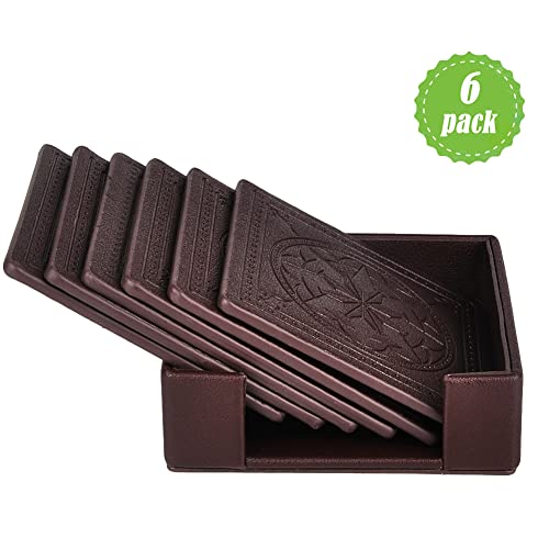 Drink Coasters,365park PU Leather Coasters Set of 6 with Holder for Drinks Glasses-Functional and Decorative,, Coffee