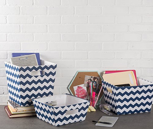 DII Hardsided Polyester Trapezoid Storage Bin, Chevron, Nautical Blue, Medium