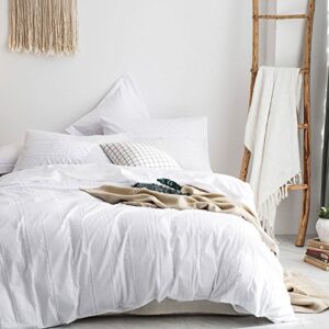 Merryfeel Duvet Cover Set Queen,100% Cotton White Textured Striped Duvet Cover with Pillowshams,3 Pieces Bedding Set-White Stripe Full/Queen