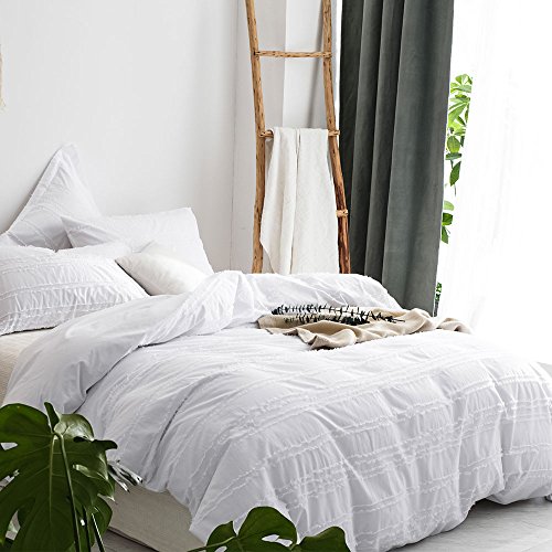 Merryfeel Duvet Cover Set Queen,100% Cotton White Textured Striped Duvet Cover with Pillowshams,3 Pieces Bedding Set-White Stripe Full/Queen