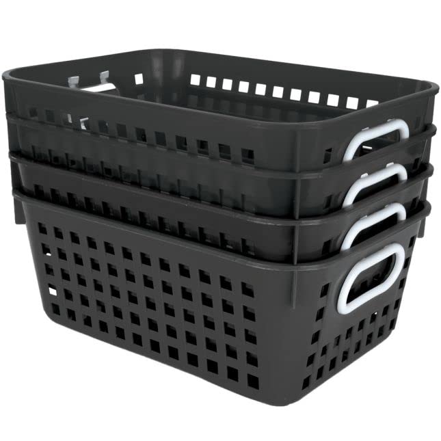 Really Good Stuff Medium Plastic Book Baskets, 11" by 7½" by 4½" - 4 Pack, Black | Versatile Storage Solution for Classroom, Home and Office l Toy Storage, Multi-Purpose Organizer Basket