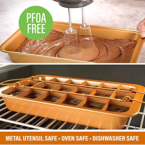 Brooklyn Brownie Copper by GOTHAM STEEL Nonstick Baking Pan with Built-In Slicer, Ensures Perfect Crispy Edges, Metal Utensil and Dishwasher Safe