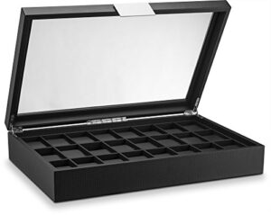 glenor co watch box for men - 24 slot flat luxury display case organizer, carbon fiber design for mens jewelry watches, men's storage holder boasts large glass top,metal buckle & leather pillows-black