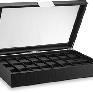 Glenor Co Watch Box for Men - 24 Slot Flat Luxury Display Case Organizer, Carbon Fiber Design for Mens Jewelry Watches, Men's Storage Holder Boasts Large Glass Top,Metal Buckle & Leather Pillows-Black