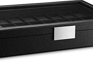 Glenor Co Watch Box for Men - 24 Slot Flat Luxury Display Case Organizer, Carbon Fiber Design for Mens Jewelry Watches, Men's Storage Holder Boasts Large Glass Top,Metal Buckle & Leather Pillows-Black