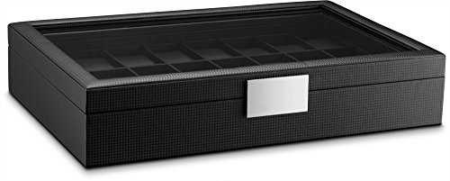 Glenor Co Watch Box for Men - 24 Slot Flat Luxury Display Case Organizer, Carbon Fiber Design for Mens Jewelry Watches, Men's Storage Holder Boasts Large Glass Top,Metal Buckle & Leather Pillows-Black