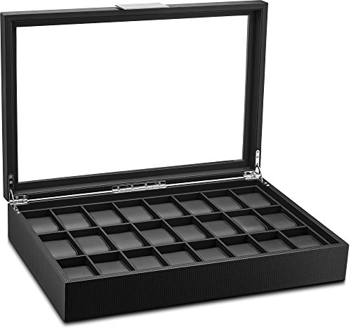 Glenor Co Watch Box for Men - 24 Slot Flat Luxury Display Case Organizer, Carbon Fiber Design for Mens Jewelry Watches, Men's Storage Holder Boasts Large Glass Top,Metal Buckle & Leather Pillows-Black