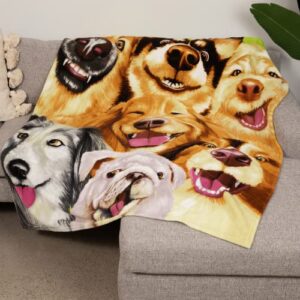 dawhud direct cartoon selfie dog fleece blanket for bed, 50" x 60" puppy fleece throw blanket for women, men and kids - super soft plush dog blanket throw plush blanket for dog lovers