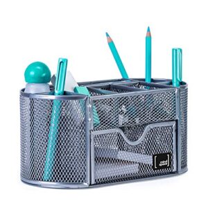 mindspace office desk organizer with 8 compartments + drawer | desk caddy pen holder for office accessories | the mesh collection, silver