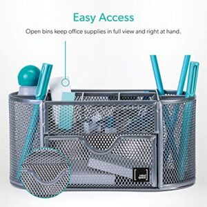 Mindspace Office Desk Organizer with 8 Compartments + Drawer | Desk Caddy Pen Holder For Office Accessories | The Mesh Collection, Silver
