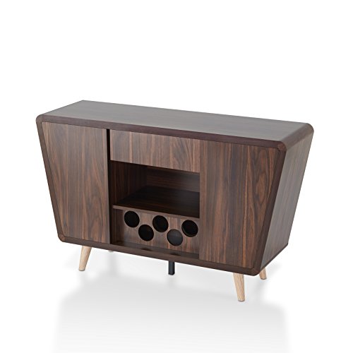 ioHOMES Gwendalynn Mid-century Buffet Server with Handless Drawer Storage, Wine Rack and Side Cabinets, Dark Walnut