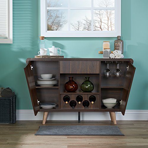 ioHOMES Gwendalynn Mid-century Buffet Server with Handless Drawer Storage, Wine Rack and Side Cabinets, Dark Walnut