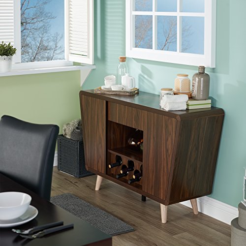 ioHOMES Gwendalynn Mid-century Buffet Server with Handless Drawer Storage, Wine Rack and Side Cabinets, Dark Walnut