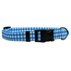 yellow dog design gingham blue dog collar 3/4" wide and fits neck 10 to 14", small, (gnbl103)