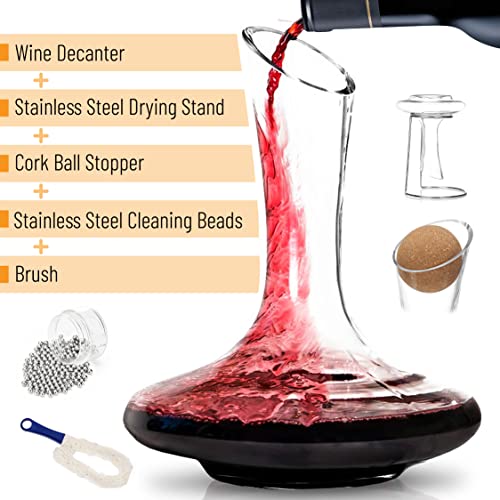 BTaT- XL Decanter with Drying Stand, Stopper, Brush and Beads, Hand Blown Crystal Glass, Wine Decanter, Wine Carafe, Wine Accessories, Red Wine Decanter, Wine Gift