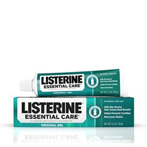 listerine essential care original gel fluoride toothpaste, prevents bad breath and cavities, powerful mint flavor for fresh oral care, 4.2 oz