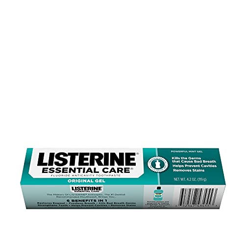 Listerine Essential Care Original Gel Fluoride Toothpaste, Prevents Bad Breath and Cavities, Powerful Mint Flavor for Fresh Oral Care, 4.2 oz