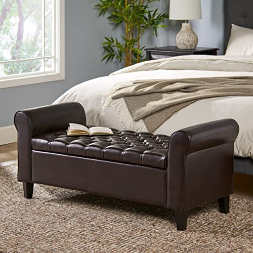 Christopher Knight Home Keiko Contemporary Rolled Arm Storage Ottoman Bench, Brown and Dark, 19.75" D x 50" W x 20.5" H