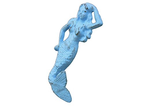 Handcrafted Nautical Decor Rustic Light Blue Cast Iron Mermaid Hook 6" - Cast Iron Decoration - Antique Vi