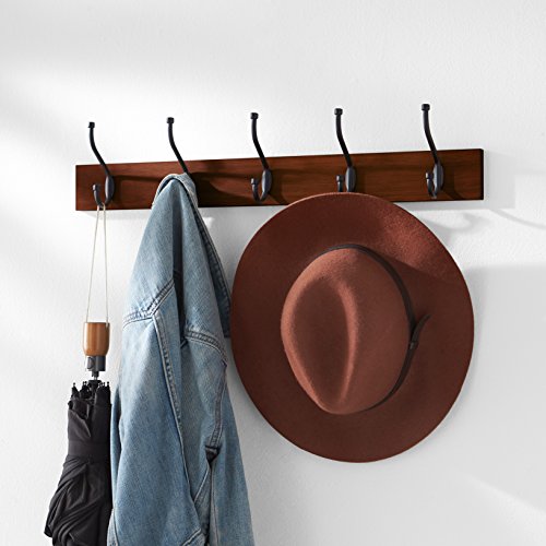 Amazon Basics Wall-Mounted Farmhouse Coat Rack, 5 Hook, Light Walnut