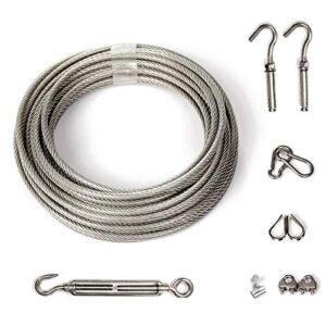 magzo stainless steel clothesline portable detachable laundry wire vinyl coated clothesline wire kit with tightener system hanging rope cable set for curtain/car/garage/outdoor/indoor/travel (30ft)