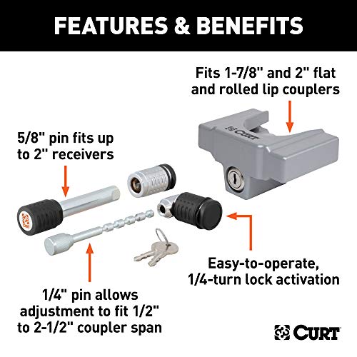 CURT 23086 Trailer Lock Set for 2-Inch Receiver, Up to 2-1/2-Inch Coupler Latch Span, 1-7/8 or 2-In Lip