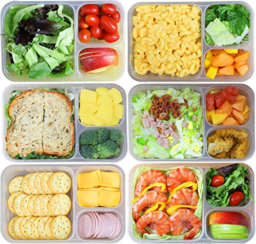 6 Pack - SimpleHouseware Color Reusable 3-Compartment Meal Prep Container Boxes (36 ounces)