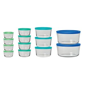 anchor hocking 26 piece set round glass food storage containers with bpa-free snugfit lids, mixed blue, space saving meal prep containers