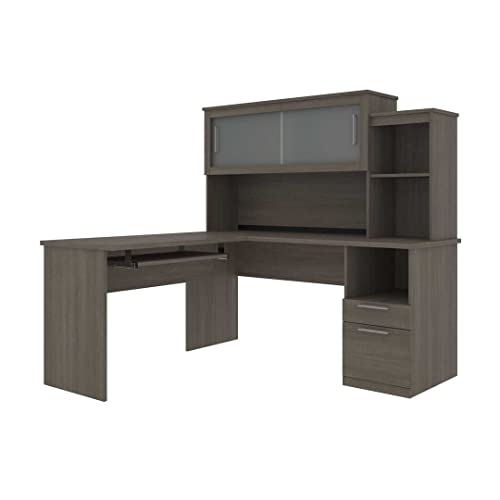 Bestar Dayton Computer Desk with Pedestal and Hutch, 63W, Bark Grey