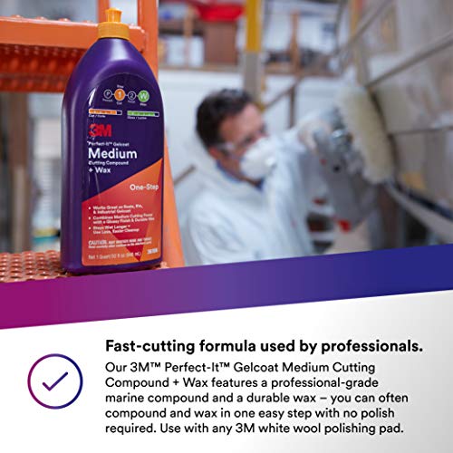 3M Perfect-It Gelcoat Medium Cutting Compound + Wax, 36106, 1 Quart, One-Step Process, P1500 and Finer Scratches, Fiberglass Oxidation Remover for Boats and RVs