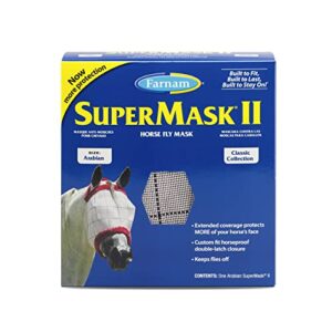 supermask ii fly mask without ears for smaller horses or arabian horses, full face coverage and eye protection from insect pests, structured classic mesh with plush trim, small horse/arabian size