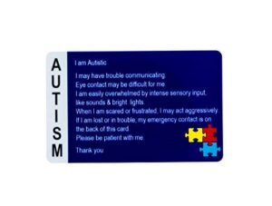 autism alert card - adhd awareness cards - customized name & emergency contact - 2 pack, secure id