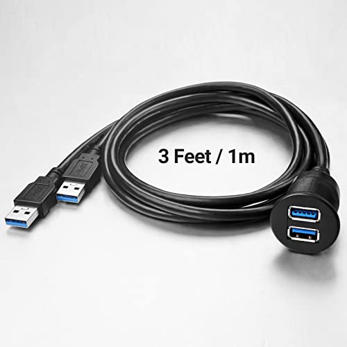 ICESPRING 2 Ports Dual USB 3.0 Male to USB 3.0 Female AUX Flush Mount Car Mount Extension Cable for Car Truck Boat Motorcycle Dashboard Panel -(3 Feet)