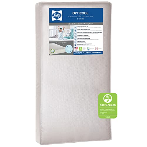 Sealy OptiCool Dual Firm Cool Gel Memory Foam Waterproof Baby Crib Mattress and Toddler Mattress, Sustainable and Breathable Cover, Greenguard Air Quality Certified - Made in USA, 52"x28"