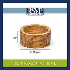 RSVP International Olive Wood Condiment Pinch Bowl, 3" | Rustic, Natural Authentic Italian Olive Wood | Classic Style for Kitchens, Tables, & More | Functional for Salts, Peppers, & Herbs