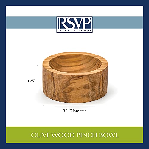 RSVP International Olive Wood Condiment Pinch Bowl, 3" | Rustic, Natural Authentic Italian Olive Wood | Classic Style for Kitchens, Tables, & More | Functional for Salts, Peppers, & Herbs