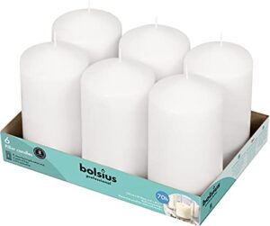 bolsius set of 6 white pillar candles - 3x6 inch unscented 65 hour long lasting candles - dripless clean burning smokeless dinner candle - perfect for wedding candles, parties and special occasions