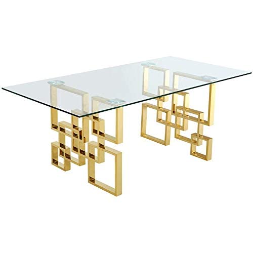 Meridian Furniture 714-T Pierre Collection Modern | Contemporary Square Glass Dining Table with Stainless Steel Base and Rich Gold Finish, 78" W x 39" D x 30" H