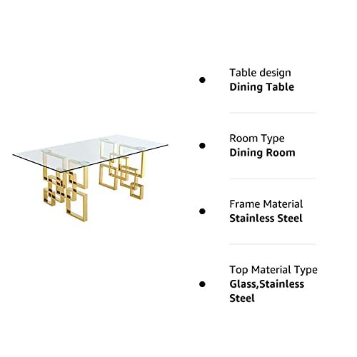 Meridian Furniture 714-T Pierre Collection Modern | Contemporary Square Glass Dining Table with Stainless Steel Base and Rich Gold Finish, 78" W x 39" D x 30" H