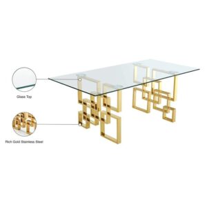 Meridian Furniture 714-T Pierre Collection Modern | Contemporary Square Glass Dining Table with Stainless Steel Base and Rich Gold Finish, 78" W x 39" D x 30" H