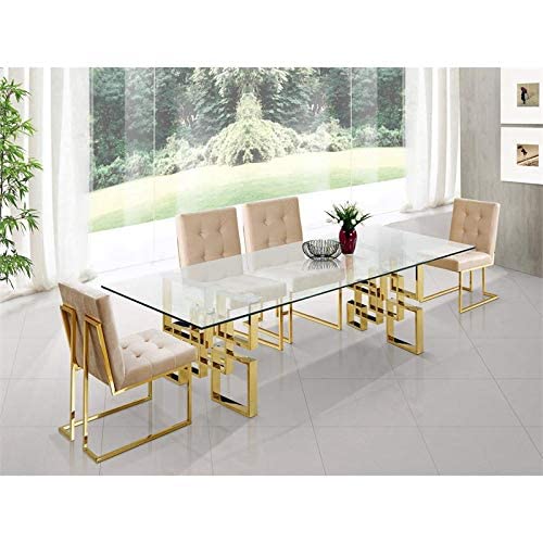 Meridian Furniture 714-T Pierre Collection Modern | Contemporary Square Glass Dining Table with Stainless Steel Base and Rich Gold Finish, 78" W x 39" D x 30" H
