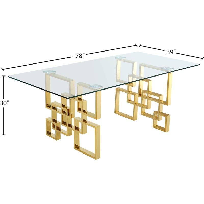 Meridian Furniture 714-T Pierre Collection Modern | Contemporary Square Glass Dining Table with Stainless Steel Base and Rich Gold Finish, 78" W x 39" D x 30" H