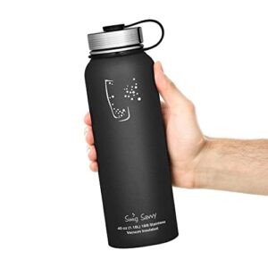 swig savvy sports water bottle, vacuum insulated stainless steel, double wall wide mouth leakproof lid - 40oz (black)